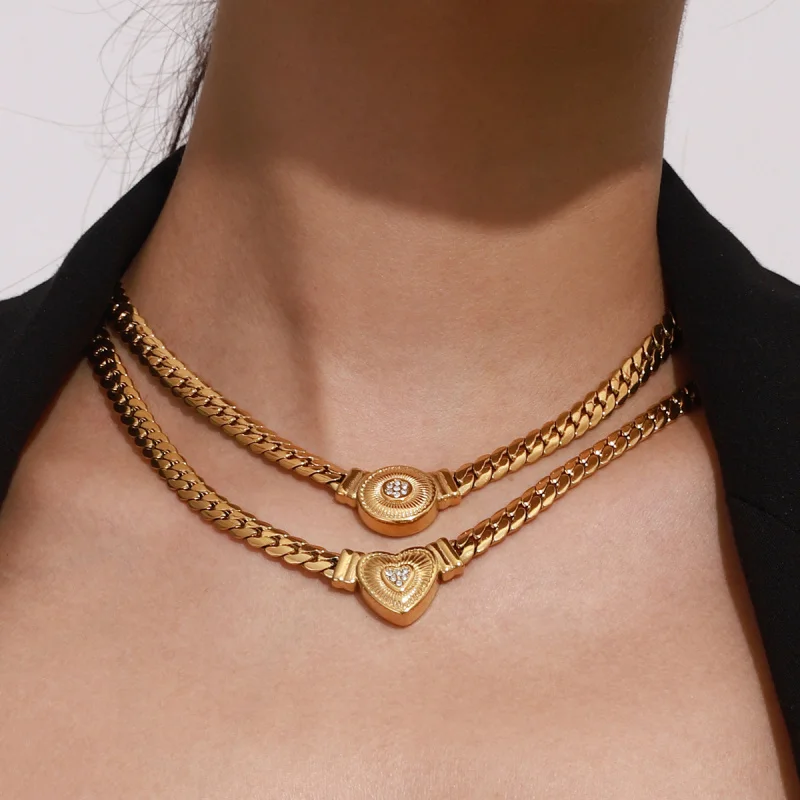 

18K Gold Plated Stainless Steel Cuban Link Necklace Heart Pendant Chunky Statement Jewelry for Women