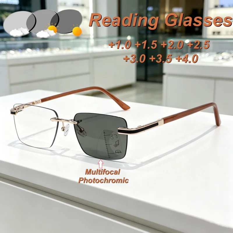 Fashionable Personalized Frameless Multifocal Photochromic Women's Reading Glasses Ultra Light Neutral Anti Blue Light Glasses