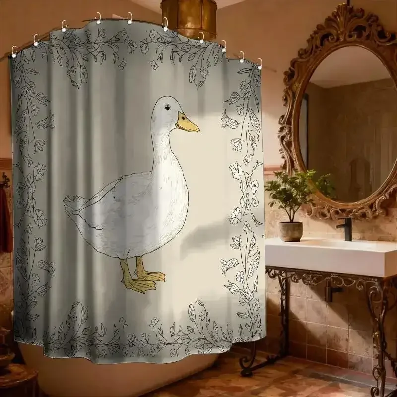 VIKAMA Hand-Drawn Duck Shower Curtain, Fresh Pastoral Print, Waterproof & Mildew-Proof Cozy Bathroom Partition Curtain