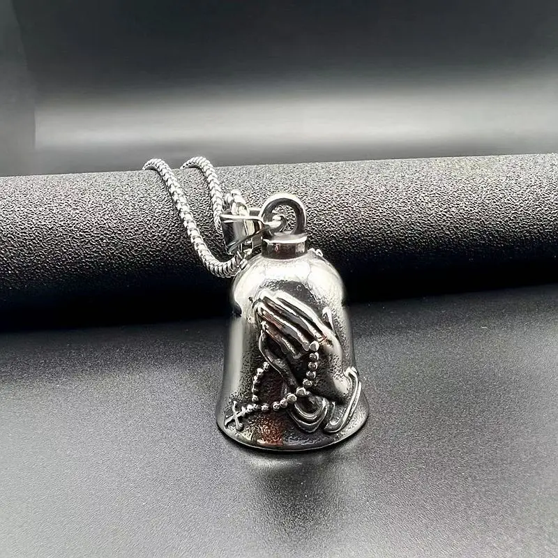 316L Stainless Steel Titanium Steel Retro Punk Praying Hands Cross Locomotive Riding Lucky Exorcism Bell Pendant