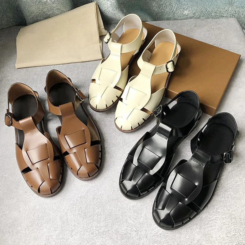 

Women's Summer Traf Luxury Designer Brand Leather Hollow Woven Flat Roman Luxury Round Toe Athletic Mary Janes Sandals Female