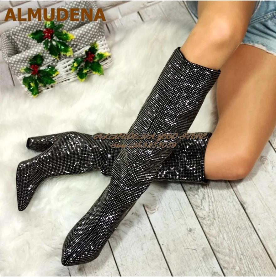 ALMUDENA Black Bling Bling Full Crystal Chunky Heel Knee High Boots Pointed Toe Glittering Rhinestone Pointed Toe Tall Boots