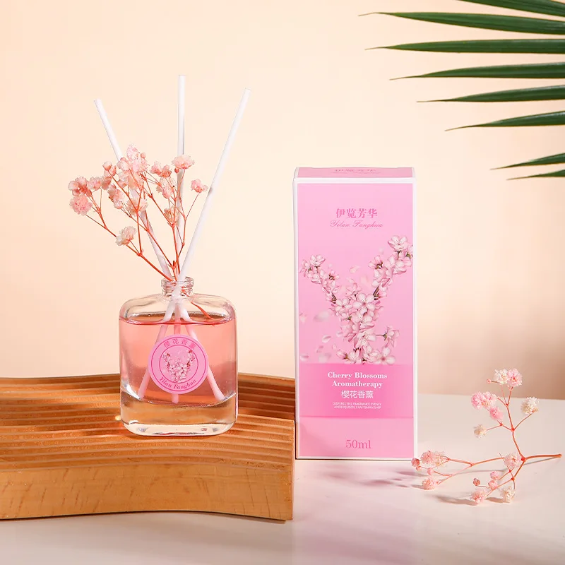 50ml Square Reed Diffuser Bottle with Sakura Essential Oil Diffuser Sets Hotel Home Aromatherapy Air Freshener Home Fragrance