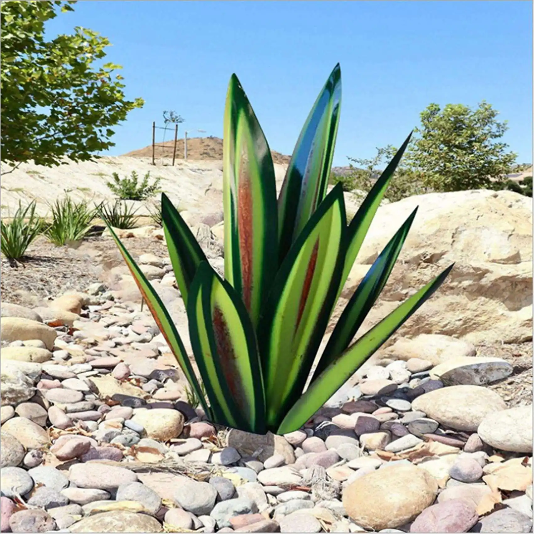 A25F-3X 13.7Inch Tequila Rustic Sculpture, DIY Hand Painted Metal Agave Plants,Outdoor Garden Lawn Ornaments-Green