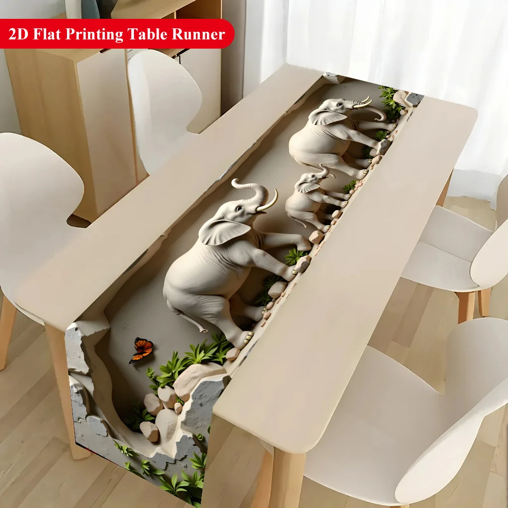 Vivid Lifelike Elephants Model Table Runner - Rectangular Table Cover for Banquet, Party Gifts, Dining Room & Coffee Table Decor