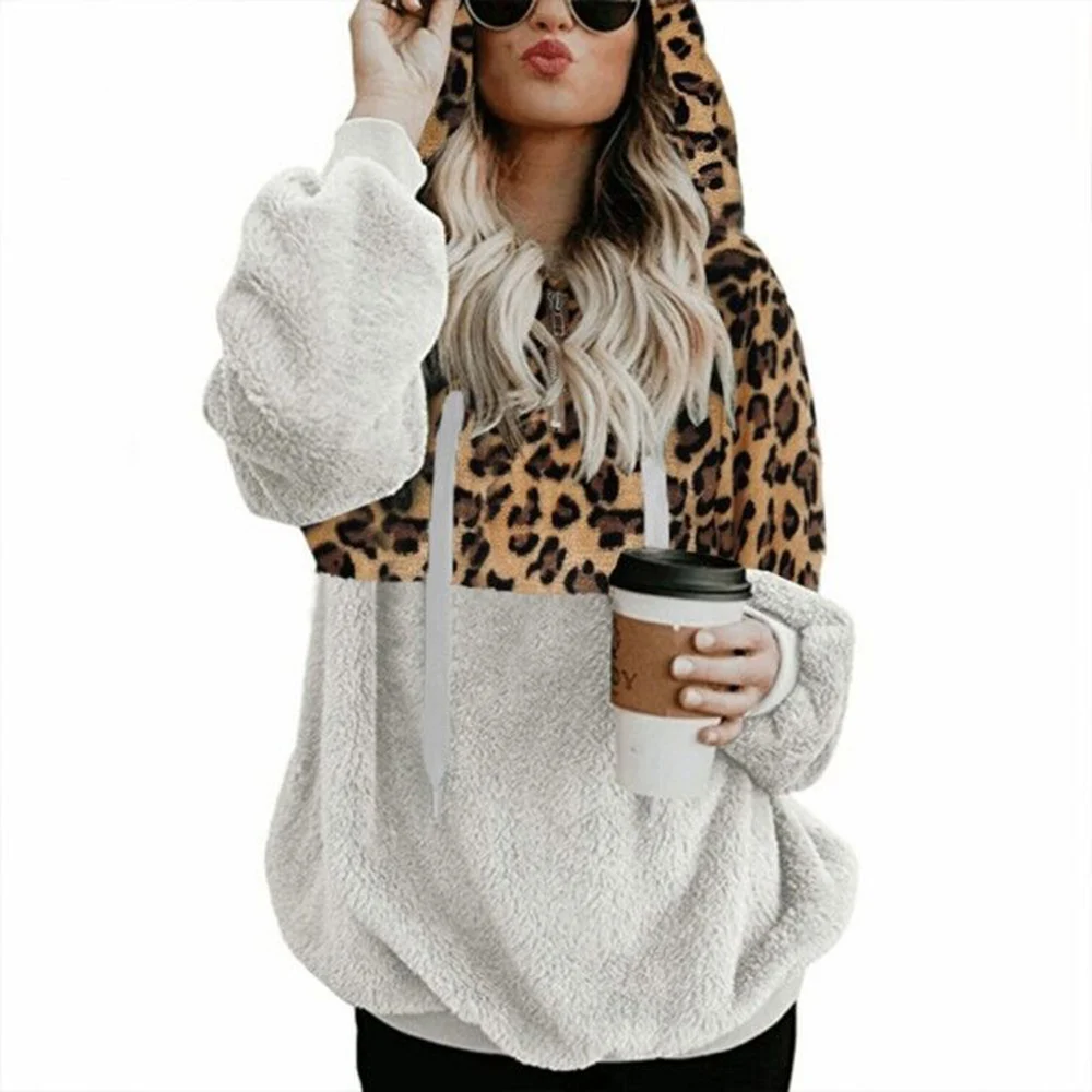 Women Leopard Print Plush Sweatshirt Hoodie With Pockets Drawstring Hood Women\'s Tops