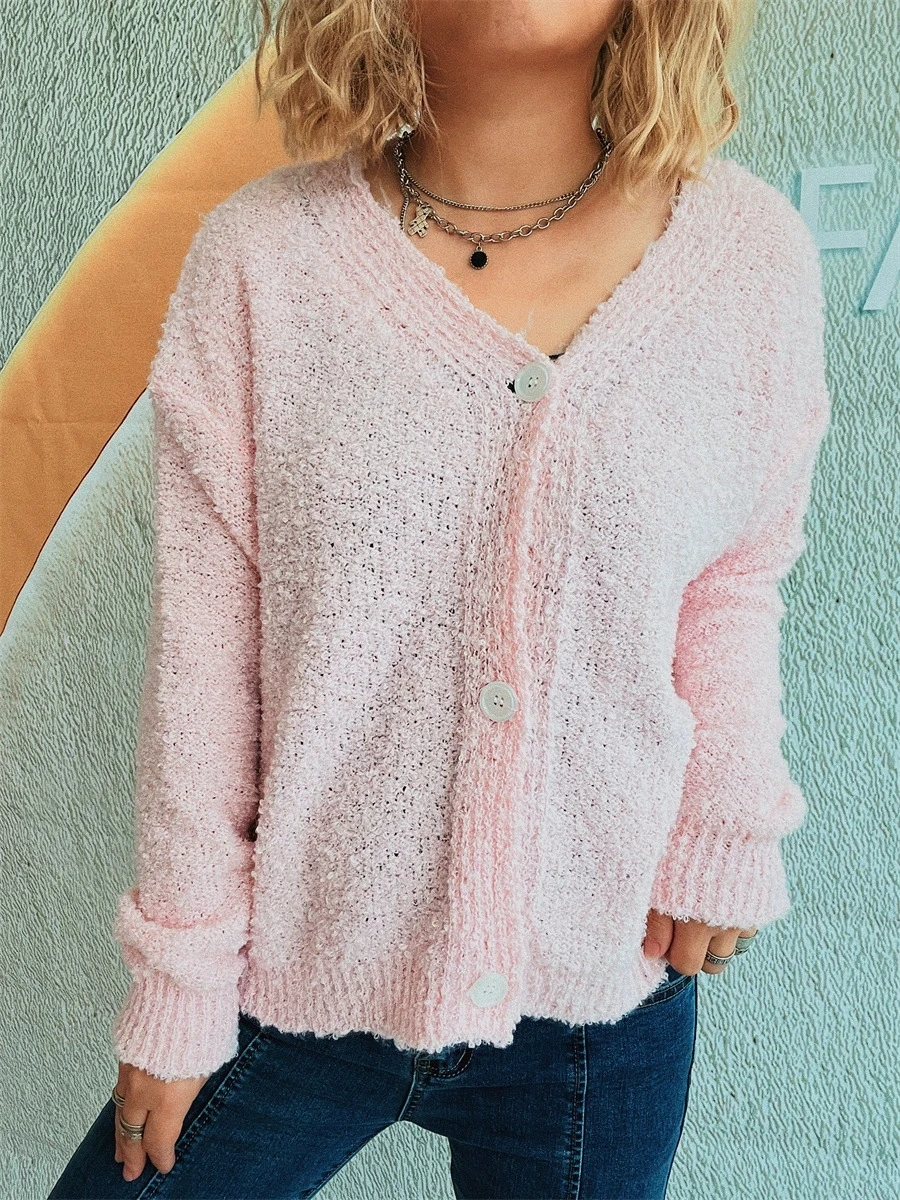 

Solid color V-neck single breasted long sleeved foam yarn knitted cardigan casual commuting sweater small coat for women