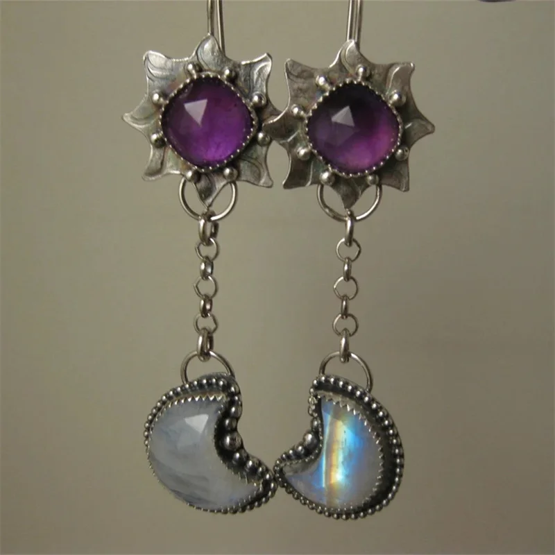 Vintage Round Purple Stone Flower Earrings Originality Silver Color Carving Moon Stickers Dangle Earrings for Women