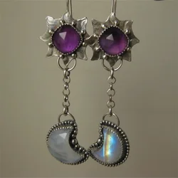 Vintage Round Purple Stone Flower Earrings Originality Silver Color Carving Moon Stickers Dangle Earrings for Women