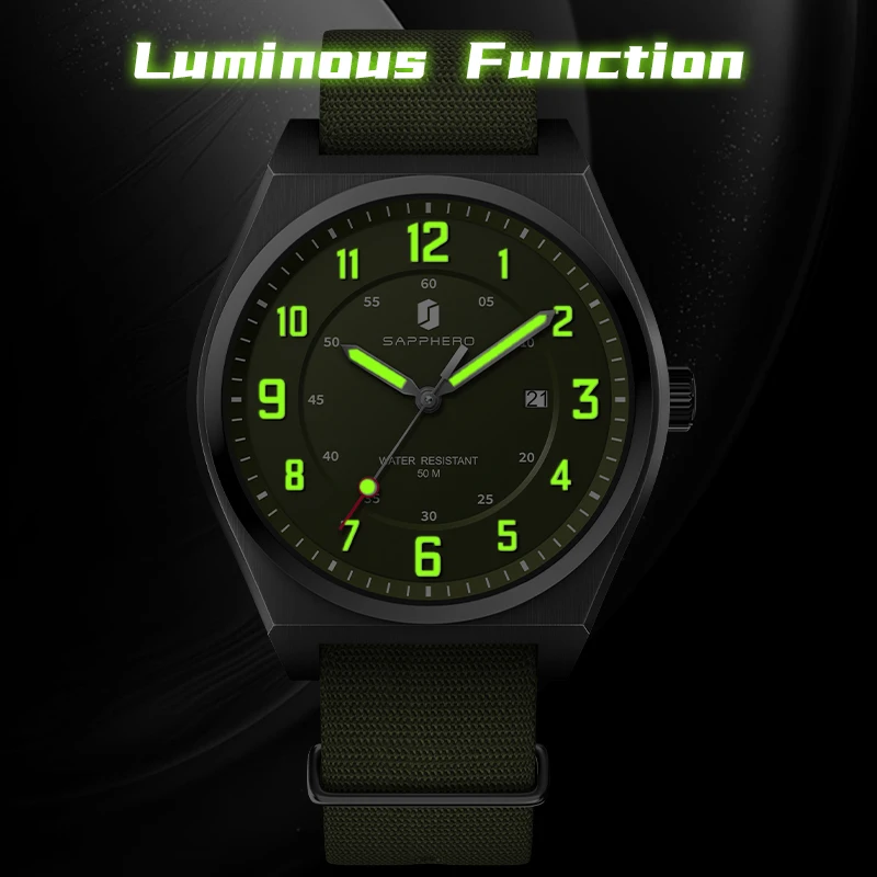 ساعة كوارتز رياضية للرجال من SAPPHERO طراز عسكري بمينا أخضر وعرض التاريخ وحزام جديلة 5ATM مقاومة للماء هدية للرجال #5