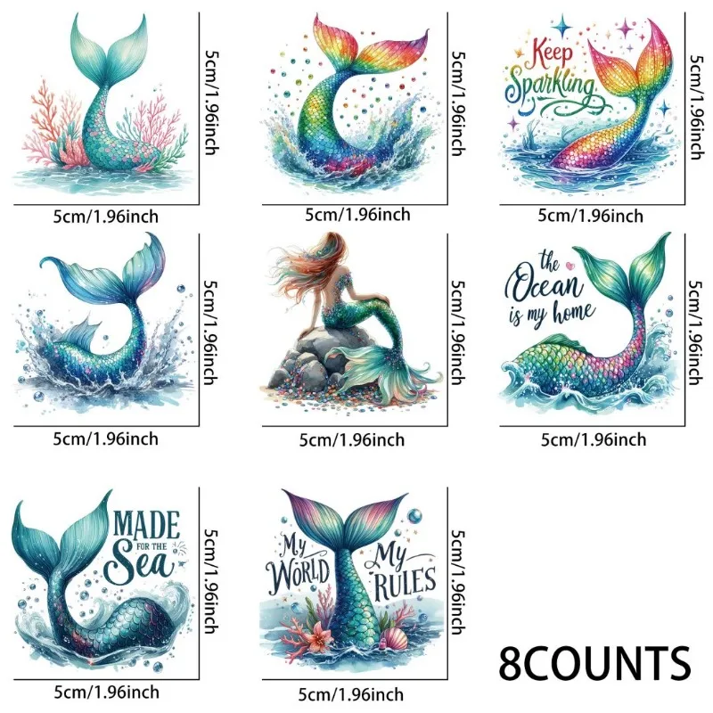 8pcs Cute Mermaid Sublimation UV DTF Stickers, Waterproof Sticker Pack for Decorating Mugs, DIYSupplies，3d Home Decoration