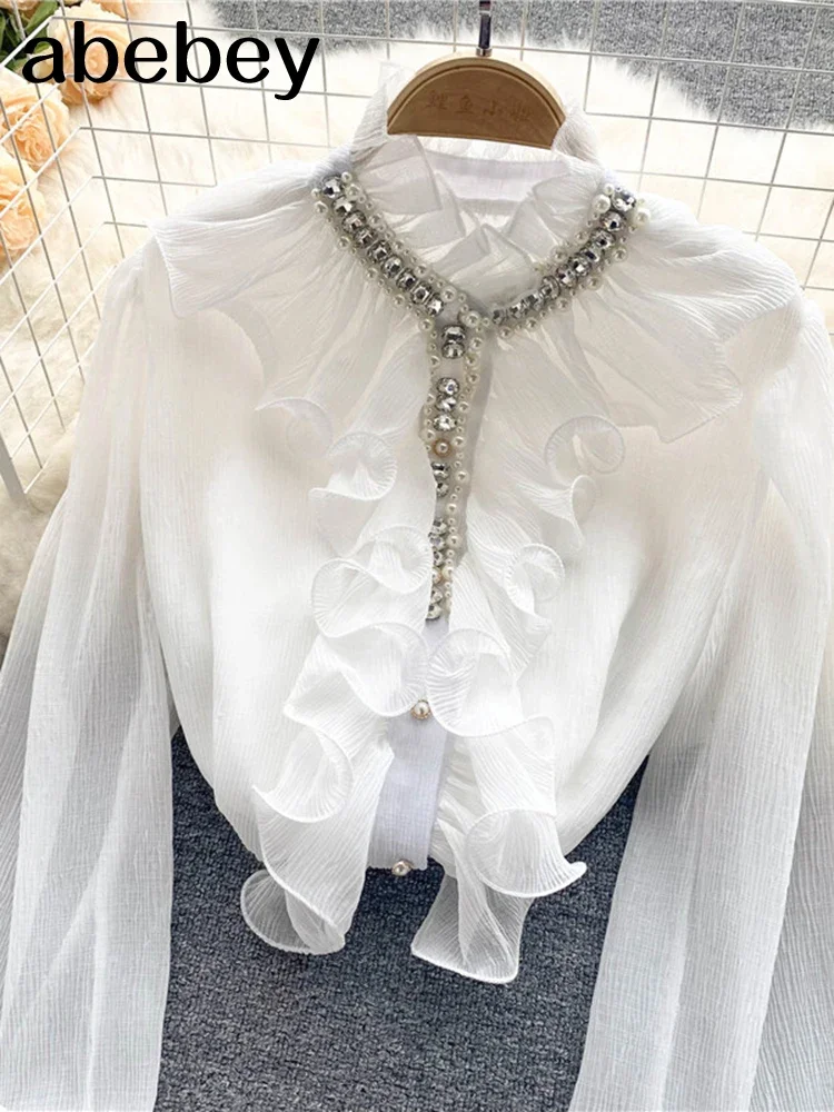 French Elegant Shirts Women Design Diamonds Loose Casual Tops Long Sleeve Ruffles Gentle Office Lady Blouses Spring