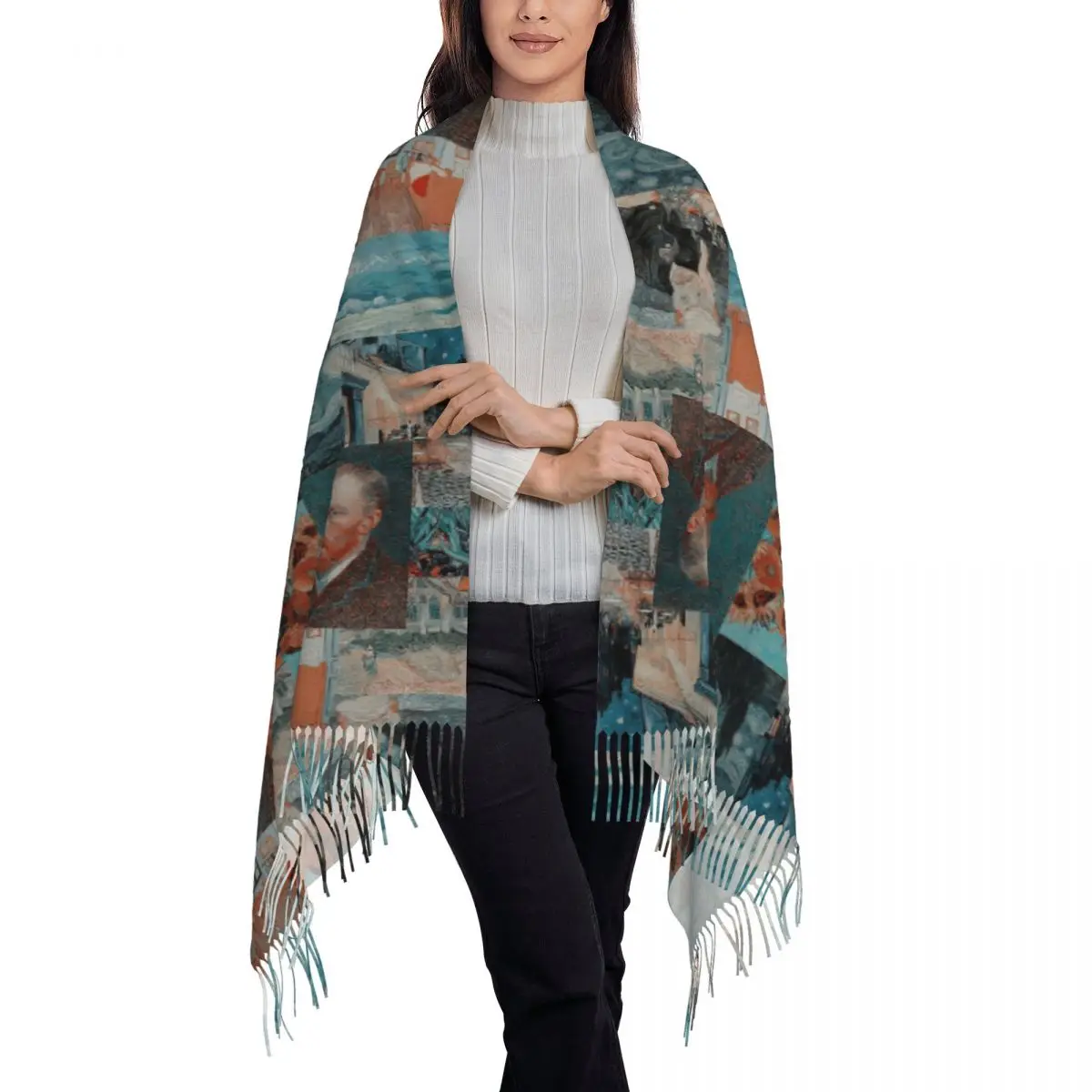 Vincent Van Gogh Paintings Art Collage Scarf Tassel Scarves Women Soft Warm Shawls and Wraps Long Fall Winter Shawl Wrap