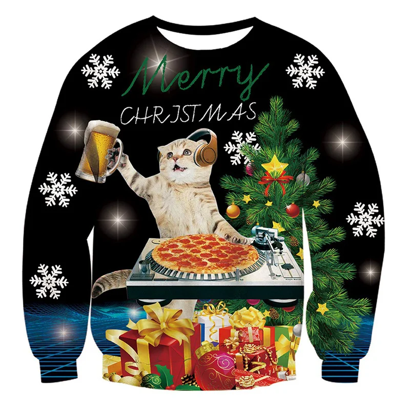 3D Printed Christmas Gift Cat Sweatshirt For Men Beer Pizza Pattern Pullovers Casual Loose O-Neck Long Sleeve Unisex Hoodies