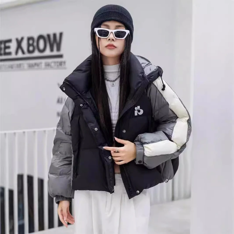 Women's Down Coats Winter New Outerwears Windproof Thick Warm Hooded Parka Color Clash Trendy Print High Street Puffer Jacket