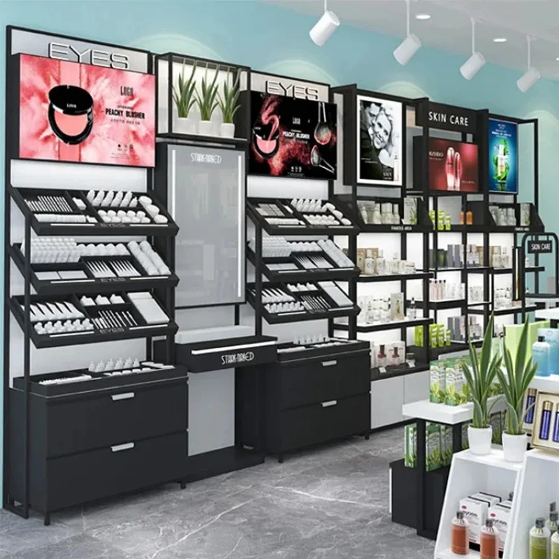 custom.Retail Beauty Showcase Wooden Cosmetic Stand Display Rack Shopping Beauty Product Display Shelf