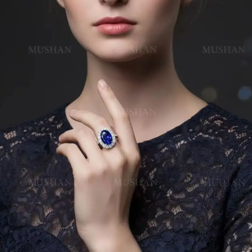 MUSHAN Luxury Jewelry 925 Sterling Silver Ring Band For Women 4.4 Carat 8*12mm Blue Oval Gemstones Sapphire Rings Fine Jewelry