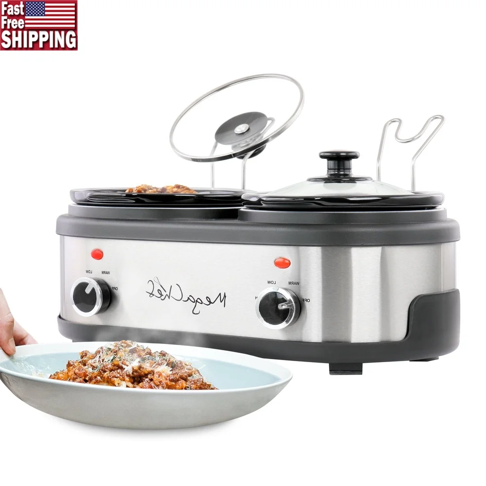 

Dual 1.5 Quart Slow Cooker Buffet with Removable Ceramic Pots Tempered Glass Lids Cool Touch Handles Perfect Entertaining