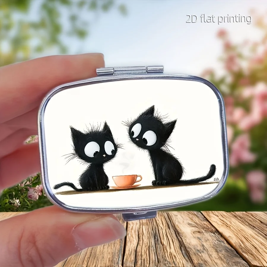 A cute cat-shaped pill box with 2 compartments, a portable and durable metal pill box that can store vitamins and medication, making it an ideal travel gift for parents and friends