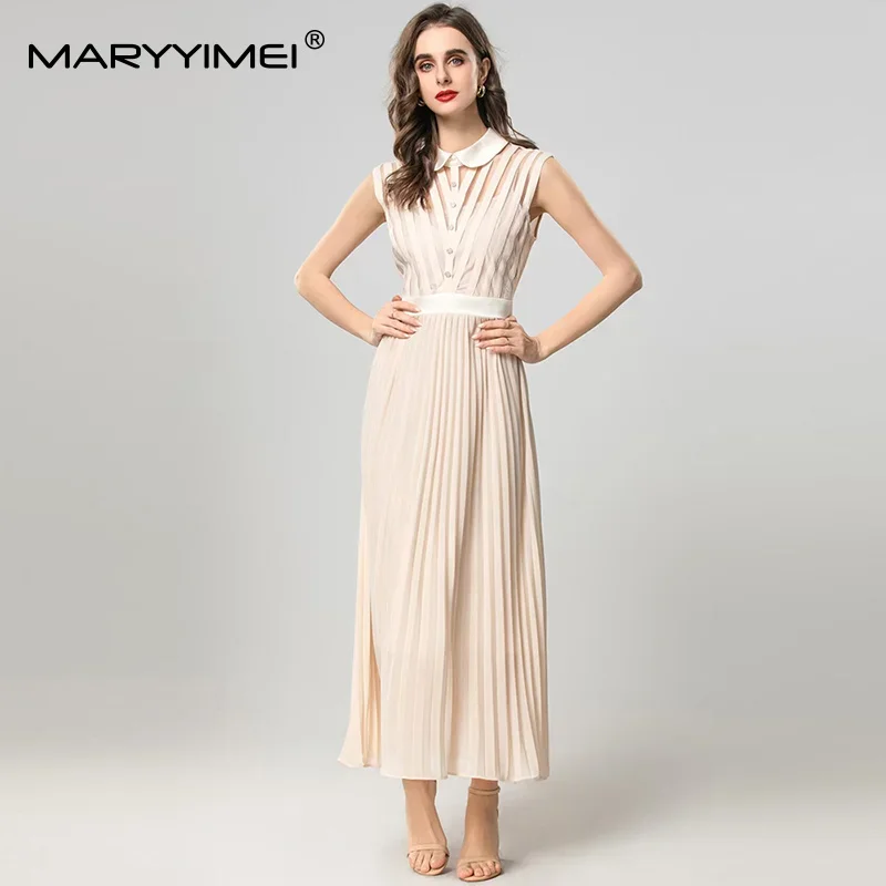 Gedivoen エレガントなフレンチスタイルマキシドレス人形の襟ノースリーブハイウエストロングプリーツドレス女性の夏の新着