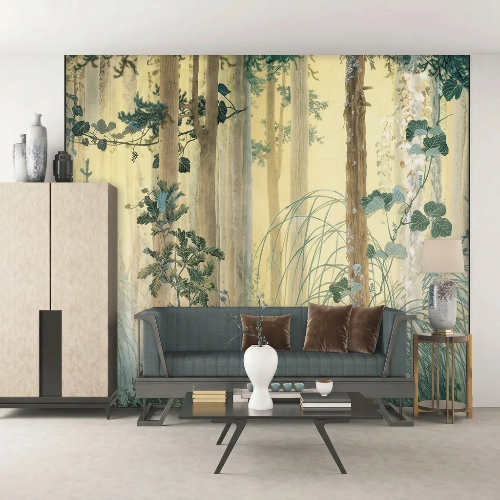 Mural personnalisé style forêt rêveuse vintage, en matériau adhésif amovible adapté aux chambres et aux salons