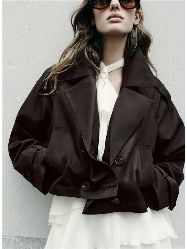 Abrigo Corto Estilo Francés con Botones, Manga Larga, Bolsillos y Cuello Deco, Cortavientos para Mujer, Corte Recto