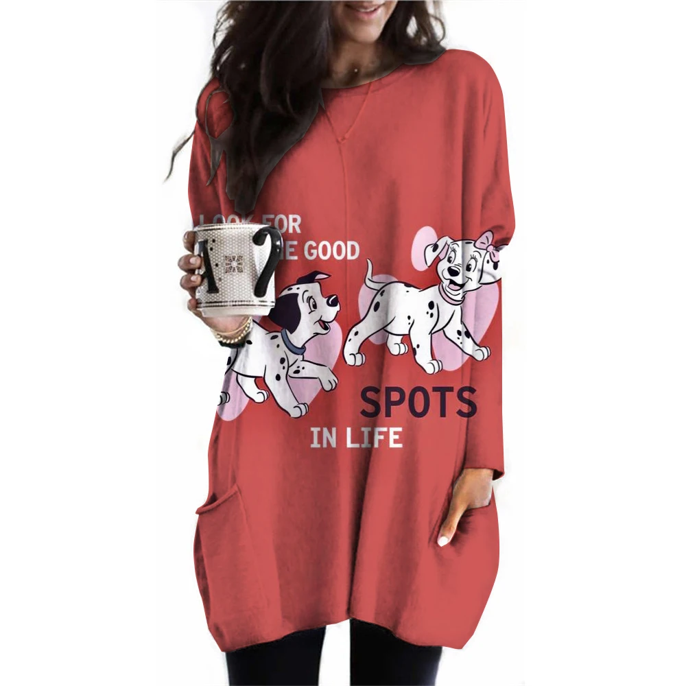 Disney 101 Dalmatian Printed Long Sleeve Women\'s Top Y2k Pocket T-shirt Top Sexy Round Neck Cartoon Printed Women\'s Long Sleeve