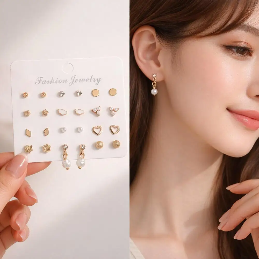 Multi-Style Tiny Stud Earrings Set, Assorted Geometric Crystal Pearl Earring Combo Pack