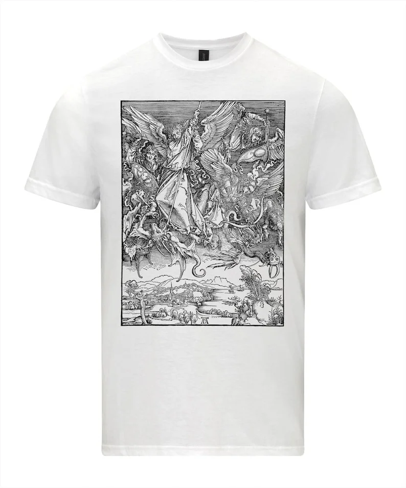 Albrecht Durer St. Michael Wrestles with Dragons Renaissance Art T-shirt Gothic Pattern Shirt High Quality Street Short Sleeve