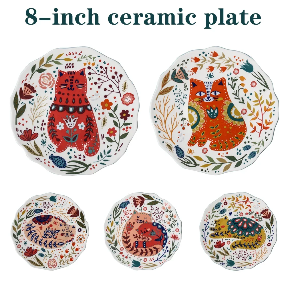 

8 -inch Cartoon Ceramic Plate Circular Home Kitchen Supplies Suitable for Dessert/bread/fruit/snack/steak