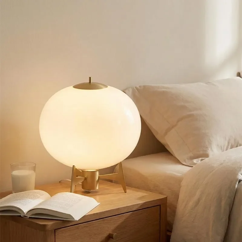 Nordic Minimalist Milky White Glass Table Lamp Bauhaus Retro Spherical Design Tripod Base Ambient Light for Bedroom Bedside