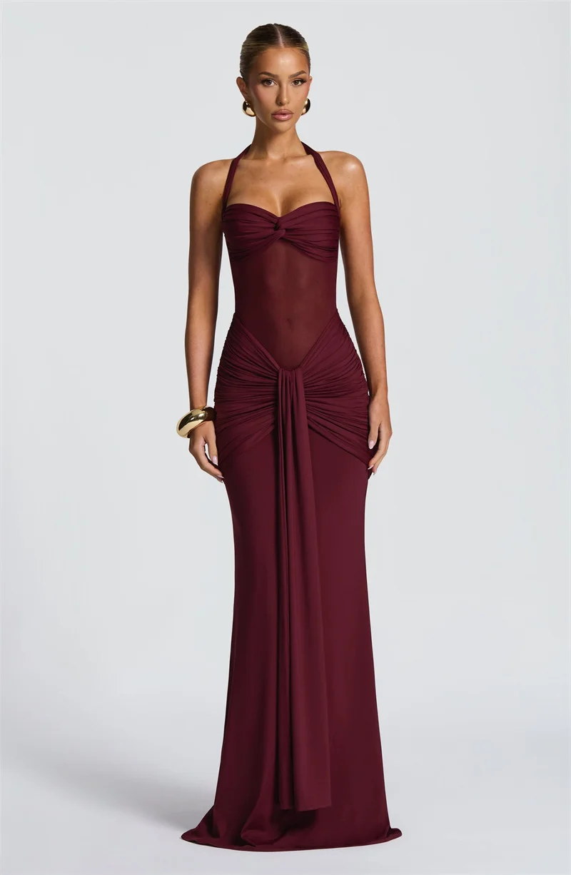 Mozision Halter-Backless Sexy Maxi Kleid Frauen Mode Patchwork Off-schulter Ärmellose Geraffte Drapierte Bodycon Club Party Kleid – Detail 6