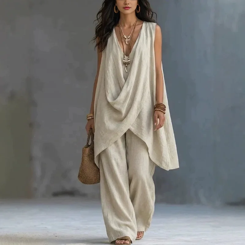 Women Solid Sleeveless Draped  - огляд і ціна Linen Pant Wide