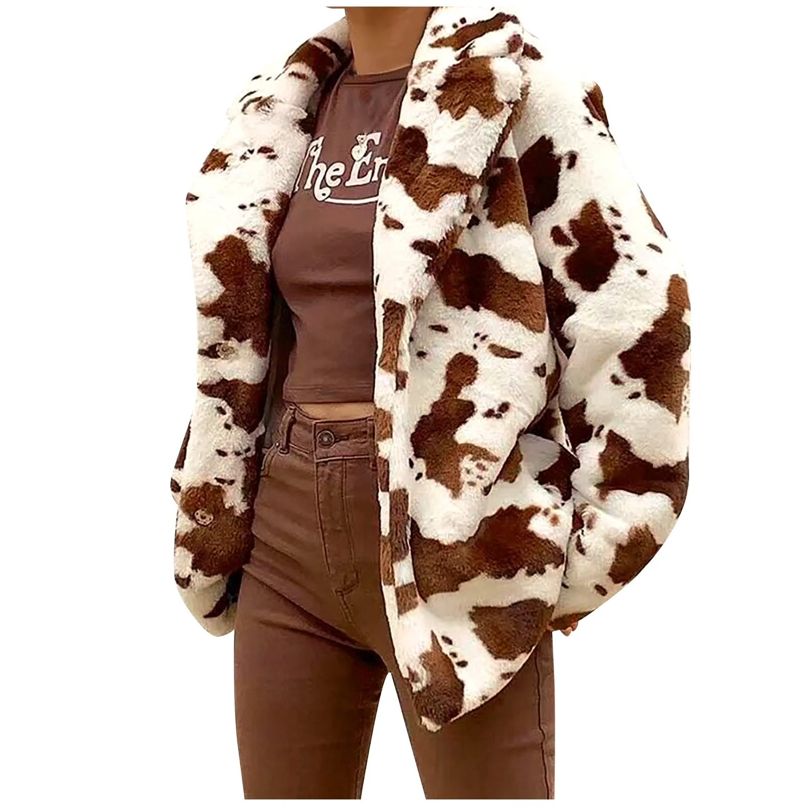 Fashion Thickened Cow Print Jacket Plush Lapels Long Sleeve Autumn and Winter Coat For Women Loose Casual Ladies Fleece Jackets