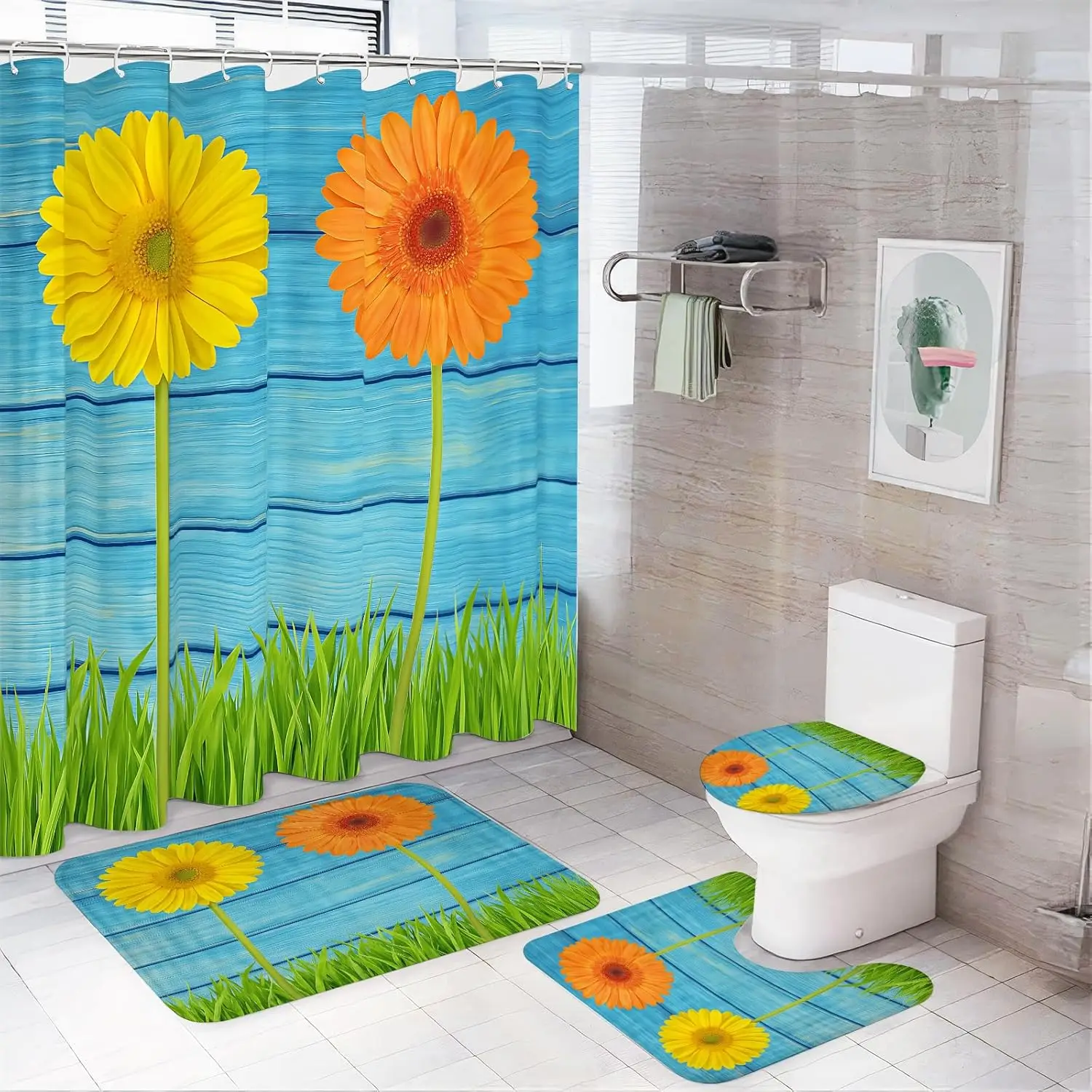 

Sunflower Daisy Shower Curtain Set – 4-Piece Bright Floral Bathroom Decor with Blue Sky & Grass | Cheerful Bath Set with Rugs, T