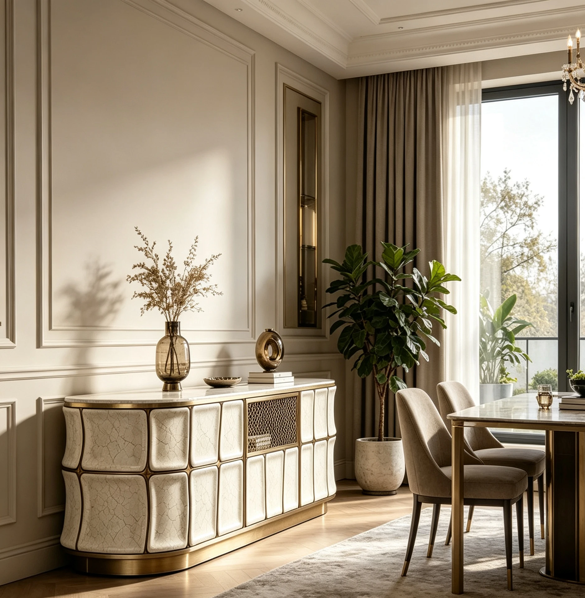 Y*-Gold Trim Base Fiberglass Sideboard Curved Cracked Tile Panels Mesh Cabinet Door for Elegant Modern