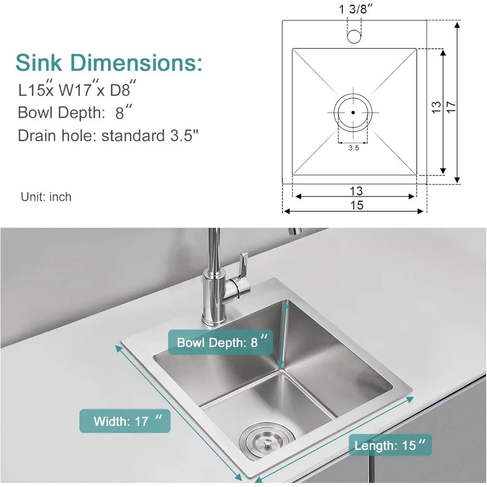 حوض بار منسدل مقاس 15 بوصة، وعاء واحد ممتاز من الفولاذ المقاوم للصدأ للاستخدام الصغير #2
