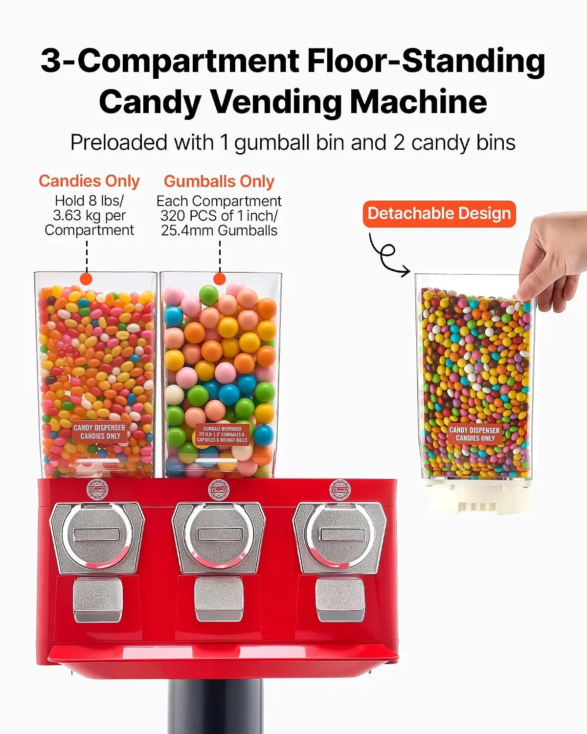 VEVOR Candy Vending Machine, Triple Compartment Candy Vending Machine with Stand, Gumball & Candies Vendings Machines with Built