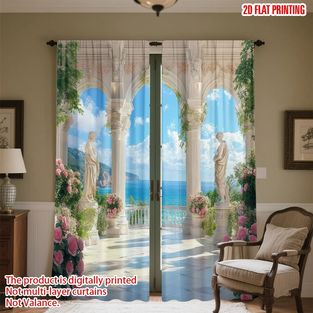 

2D flat printing 2pcs Party Window Curtains Ocean View with Statues Digital Printed Polyester Drapes Festive Curtains Use for