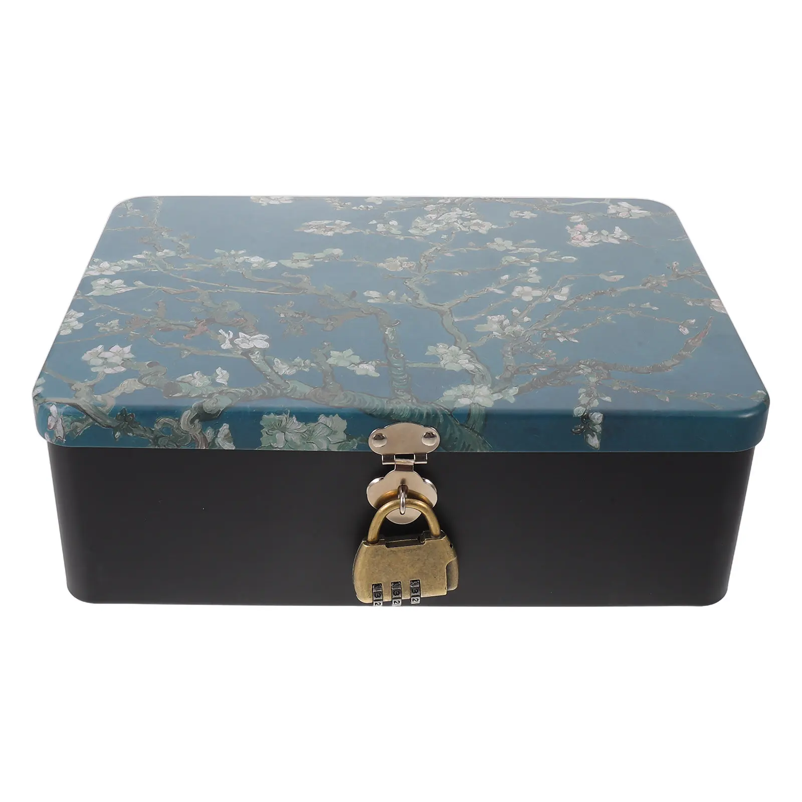 Metal Tin Box Rectangular Tinplate Container with Lid and Combination Lock Organizer for Jewelry Files Travel Keepsake Storage