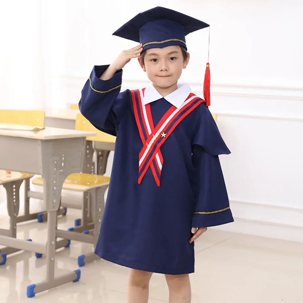 Kids Graduation Gown and Doctoral Tassel Set for Cosplay Photography Performance Kindergarten (Dark Blue, Suitable Height 140cm)