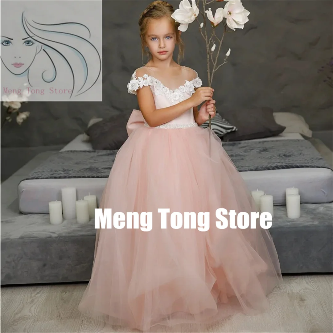 Customization Flower Girl Dresses Tulle White 3D Flowers With Bow Short Sleeve For Wedding Birthday Party First Communion Gowns