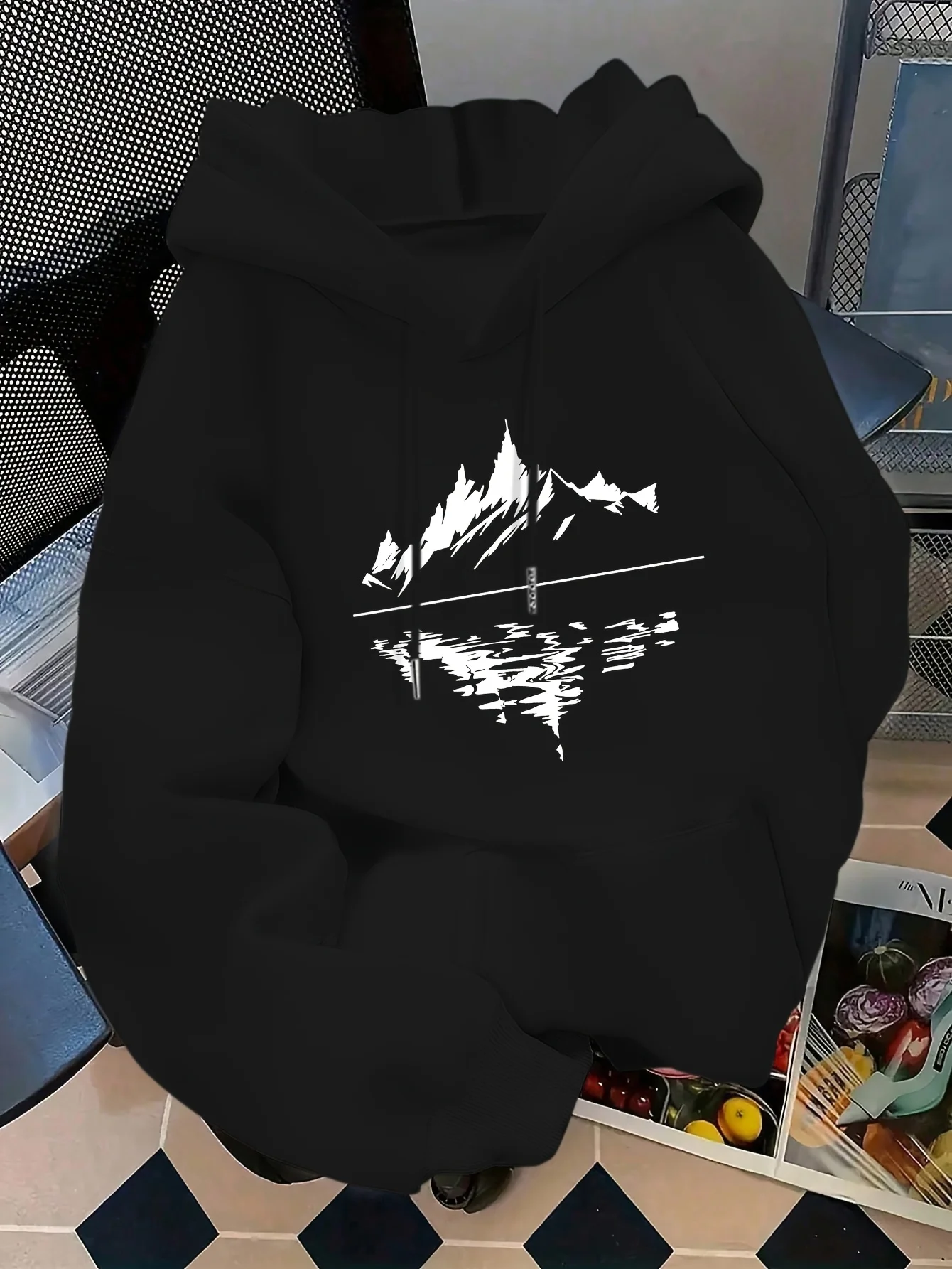 Men Sport Hip Hop Hoodie, Minimal Mountain Lake Reflection Graphic Streetwear, Russian Size Fleece Pullover Sweatshirt for Men