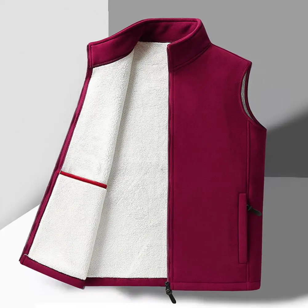 

Polar Fleece Vest Coat Zipper Placket Stand Collar Sleeveless Waistcoat with Velvet Inner Layer Pockets Thermal Insulation Vest