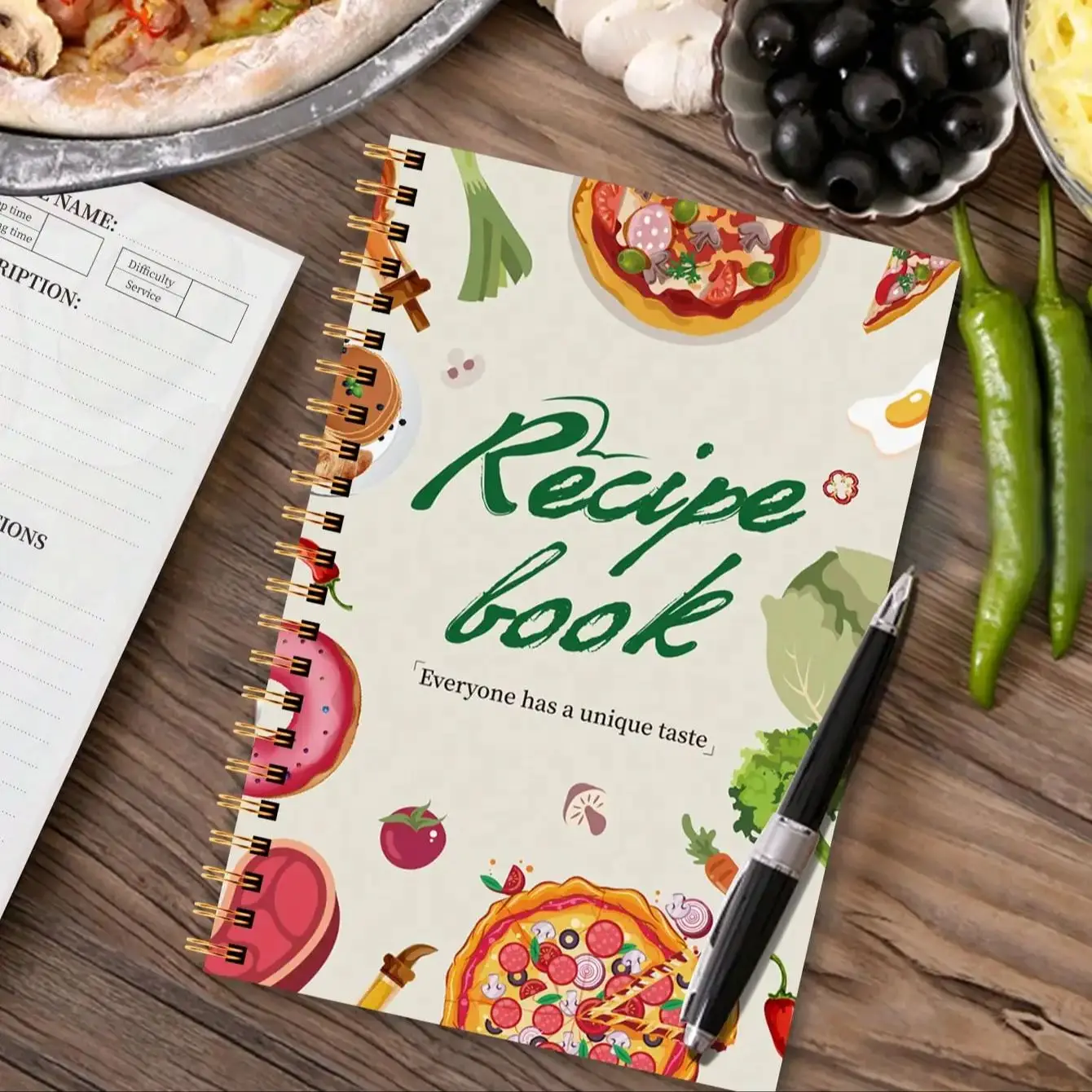 Libro de recetas A5 con páginas a todo color, encuadernación en espiral, secciones de ingredientes y pasos, diario de cocina DIY para amantes de la comida y chef casero