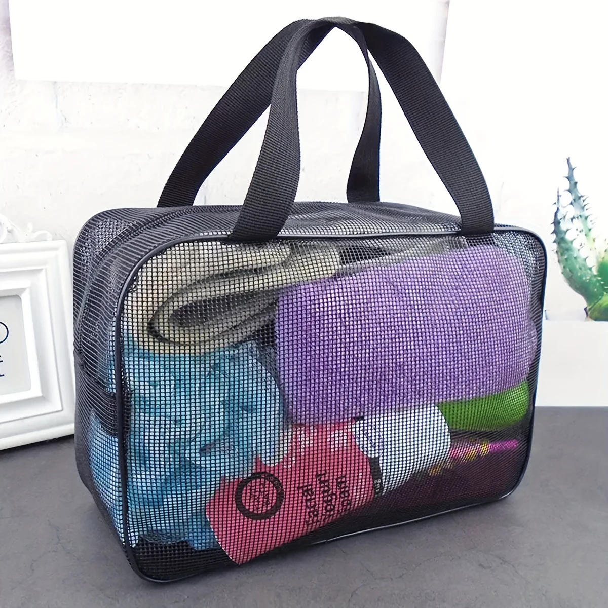Mesh-Dusch-Caddy-Einkaufstasche, Kosmetik-Aufbewahrungstasche, multifunktionale Duschtasche, großes Fassungsvermögen, tragbarer Kulturbeutel-Organizer – Detail 4