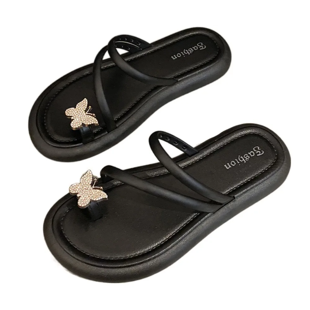 

Non-Slip Crystal Butterfly Flip Flops PVC Sweet Beach Toe Slippers Soft Sole Beachwear Flat Bottom Slippers Dormitory