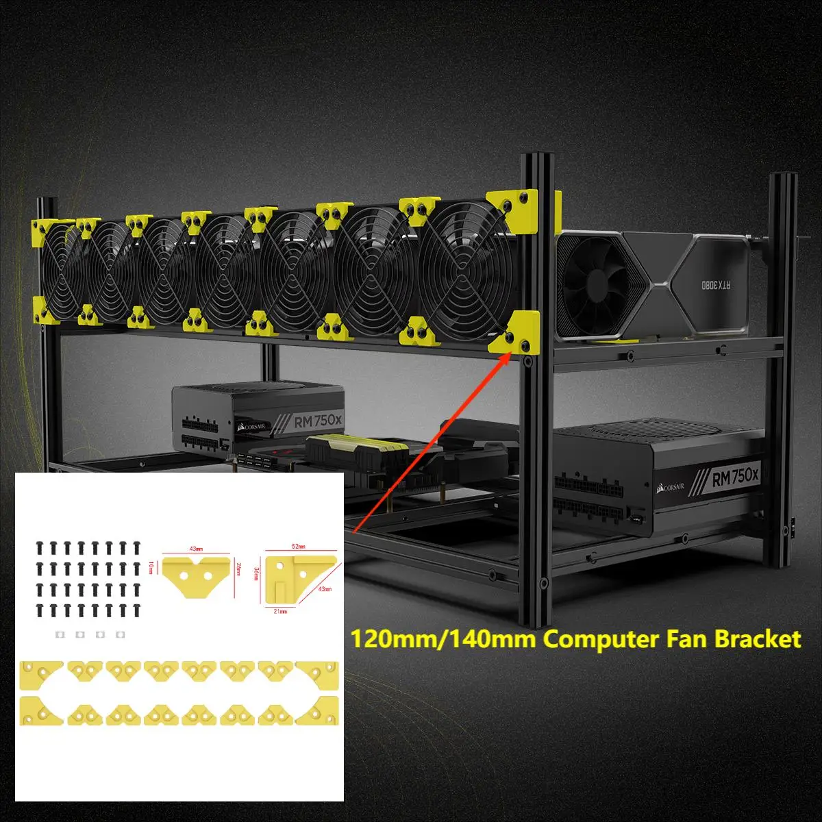 Funplaysmart soporte de ventilador, Conector de ventilador de marco de plataforma de minería de aleación de aluminio al aire libre, adecuado para instalación de ventilador de caja de 120mm/140mm