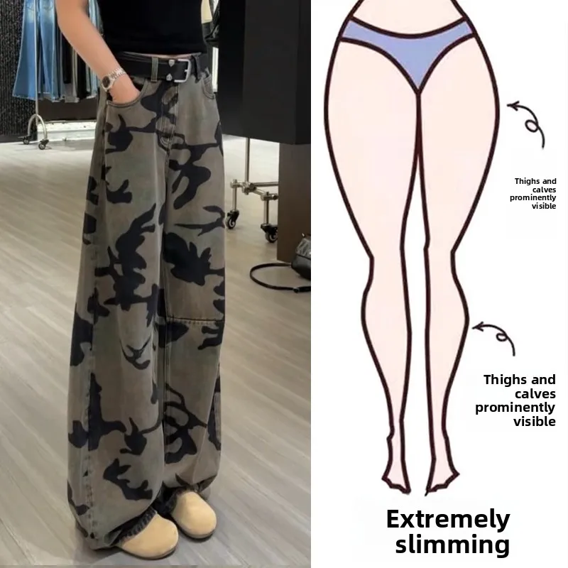 

Fashionable Camouflage Wide Leg Jeans Women's plus Size Loose Slimming Casual High Waist Long Pants Spring Summer Autumn