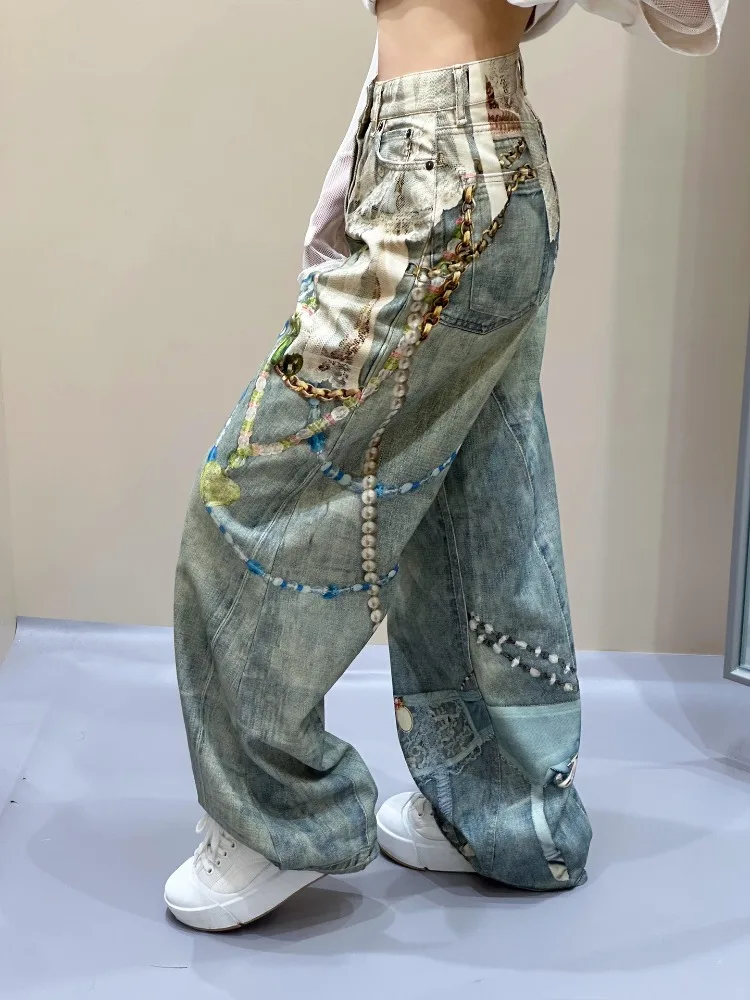 Women's Lace Pearl Chain Print Pattern High Waisted Jeans Unisex Wide Leg Streetwear Trouser Female Casual Vintage Denim Pants